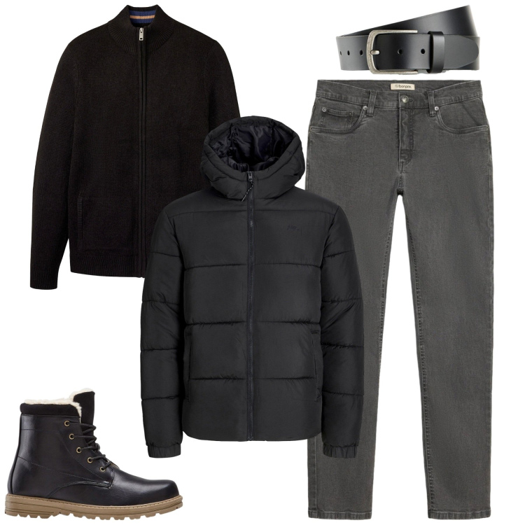 Outfit uomo - Total look #2497830. Stile Casual per Tutti i giorni. Abbinamento con stivali e stivaletti, cardigans, cinture, piumini, jeans slim fit.