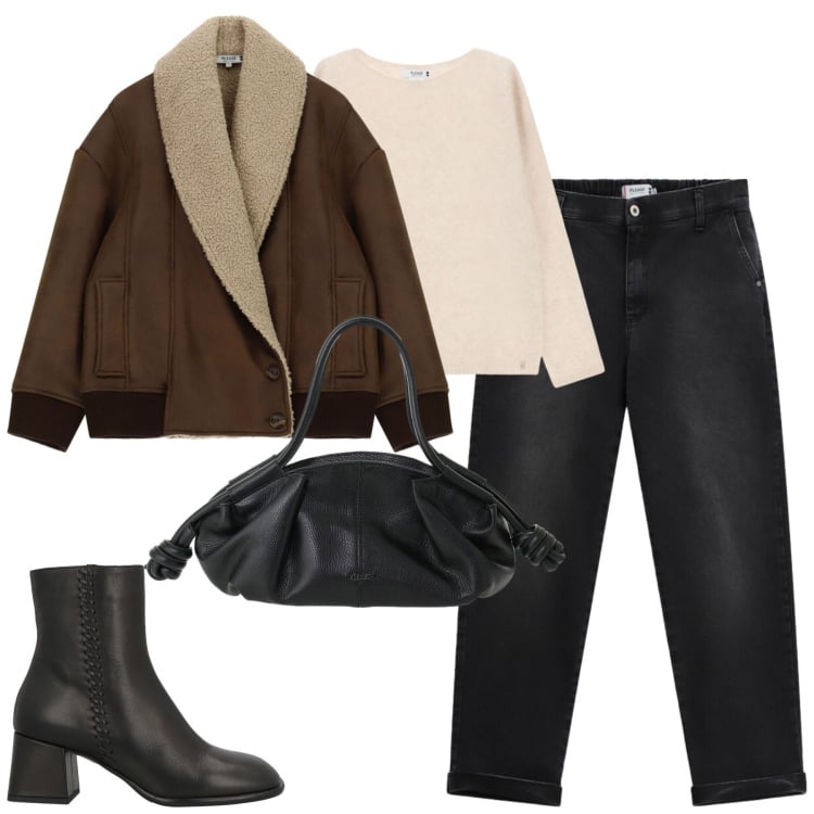 Outfit donna - City. Stile Casual chic per Tutti i giorni. Abbinamento con blazer, jeans, maglieria, borse a mano, stivaletti.