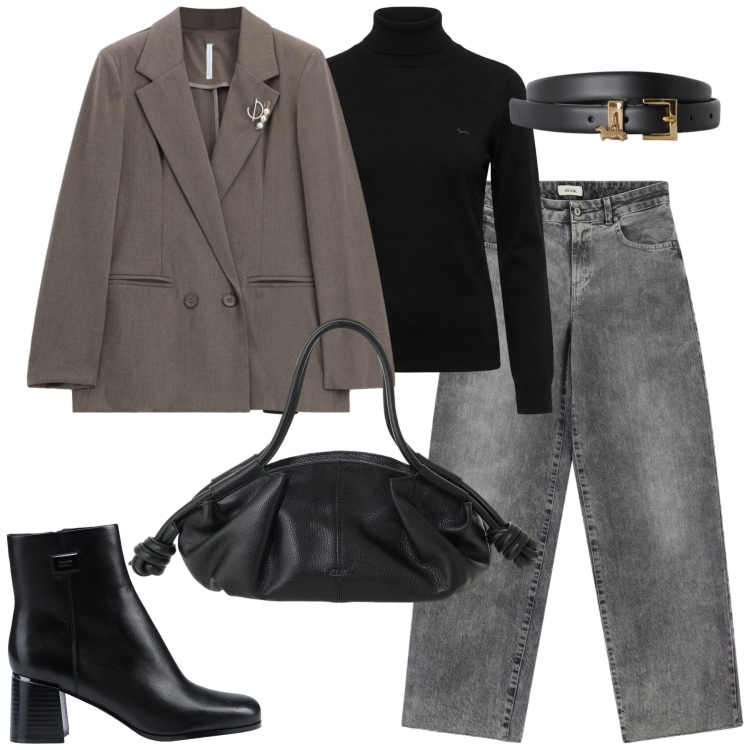 Outfit donna - Minimalismo Anni '90. Stile Casual chic per Tutti i giorni. Abbinamento con cinture, pullovers, blazer, jeans, borse a mano, stivaletti.