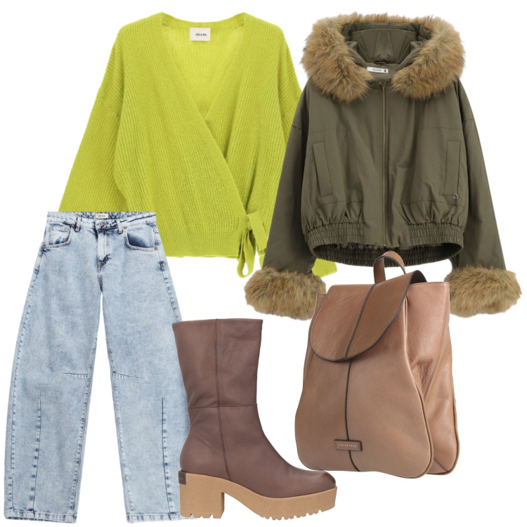 Outfit donna - Vestibilità relaxed. Stile Urban per Tutti i giorni. Abbinamento con parka, jeans, cardigans, zaini, stivaletti.