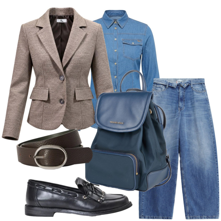 Outfit donna - Jeans audace. Stile Urban per Tutti i giorni. Abbinamento con blazer, cinture, camicie, jeans, mocassini, zaini.