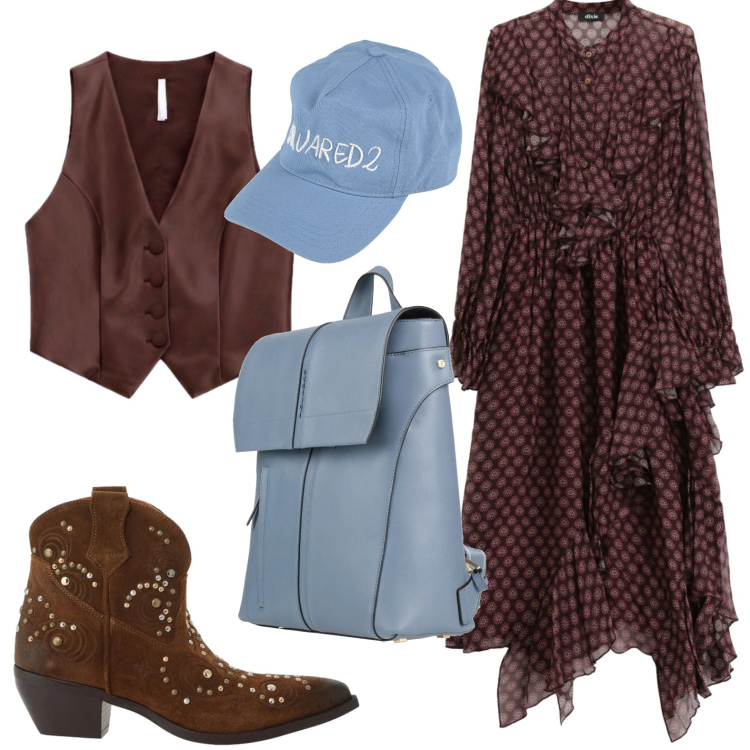 Outfit donna - Romantici volant. Stile Casual per Tutti i giorni. Abbinamento con gilet, vestiti asimmetrici, stivaletti texani, cappelli con visiera, zaini.