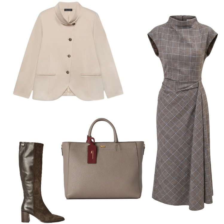 Outfit donna - Glam. Stile Glamour per Ufficio. Abbinamento con borse a mano, stivali, blazer, vestiti asimmetrici.