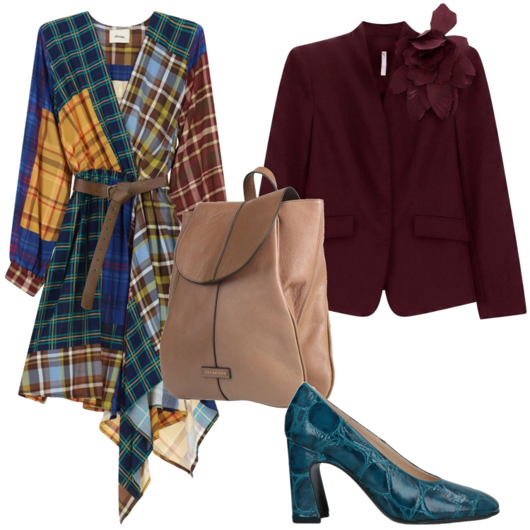 Outfit donna - Fantasia check. Stile Urban per Tutti i giorni. Abbinamento con blazer, vestiti asimmetrici, décolleté, zaini.