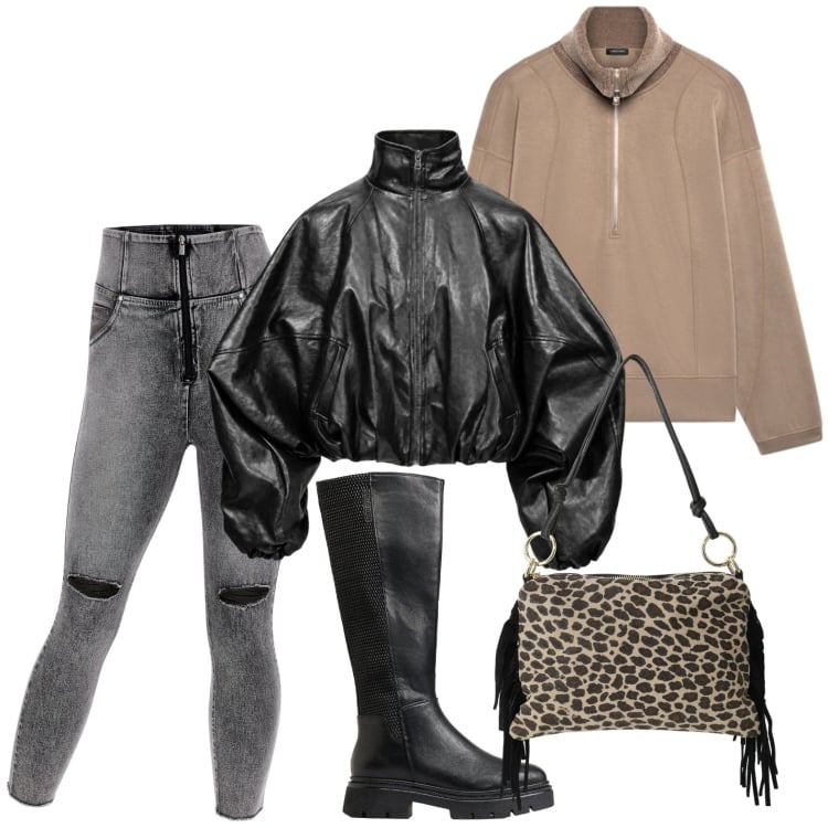 Outfit donna - Leather Bomber. Stile Urban per Serata fuori. Abbinamento con bomber, borse a spalla, felpe, jeans skinny, stivali.