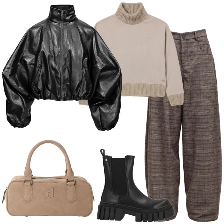 Outfit donna - Panna e nero. Stile Urban per Tutti i giorni. Abbinamento con bomber, pantaloni, pullovers, borse a mano, stivaletti.