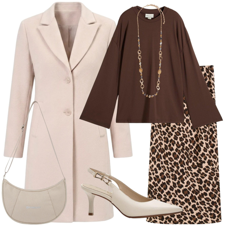 Outfit donna - Elegante. Stile Chic per Serata fuori. Abbinamento con collane, borse a spalla, cappotti, maglieria, décolleté, gonne longuette.