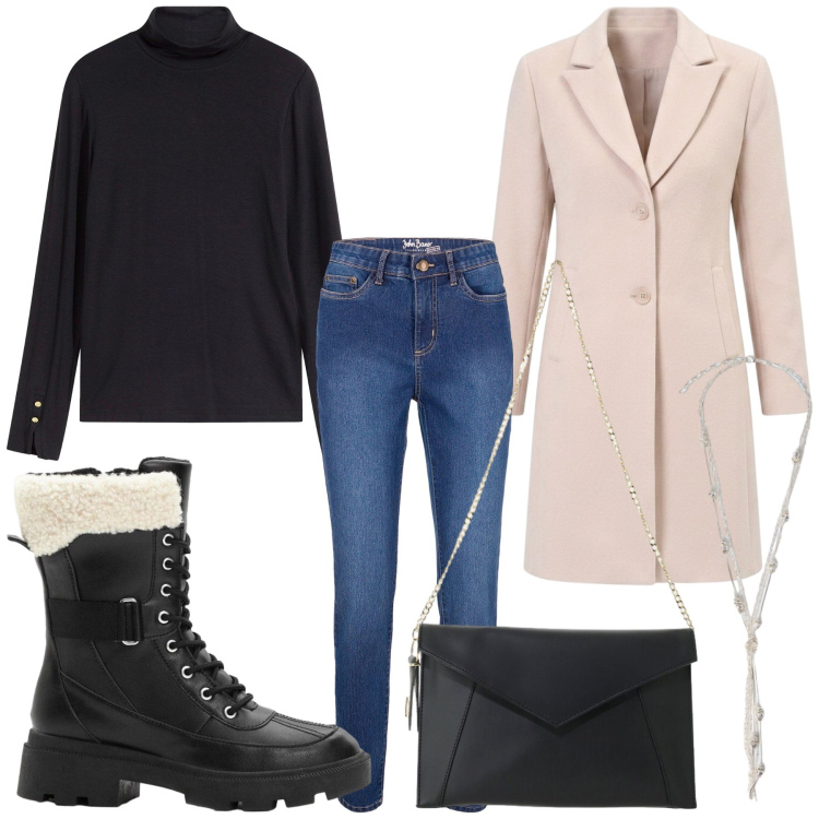 Outfit donna - Minimal. Stile Minimal per Tutti i giorni. Abbinamento con borse a tracolla, collane, cappotti, jeans skinny, anfibi, maglieria.