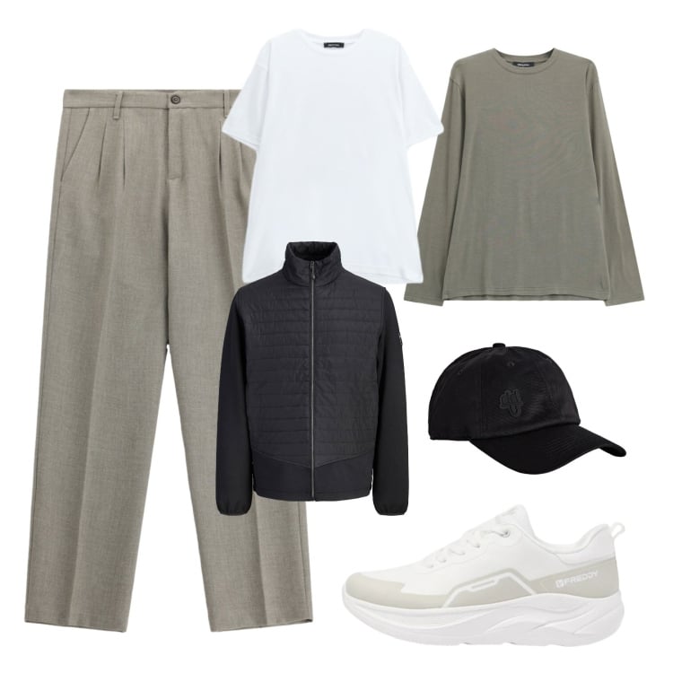 Outfit uomo - Minimalismo urbano. Stile Urban per Tutti i giorni. Abbinamento con cappelli con visiera, pantaloni, t-shirt, t-shirt, sneakers, giacche.