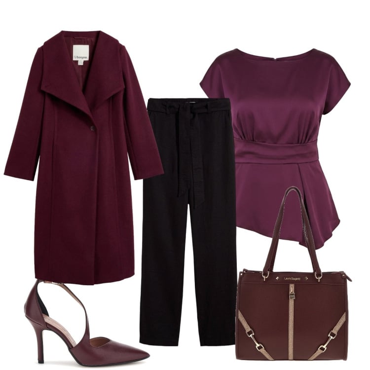 Outfit donna - Aperitivo in centro. Stile Glamour per Serata fuori. Abbinamento con bluse, cappotti, pantaloni, décolleté, borse a spalla.