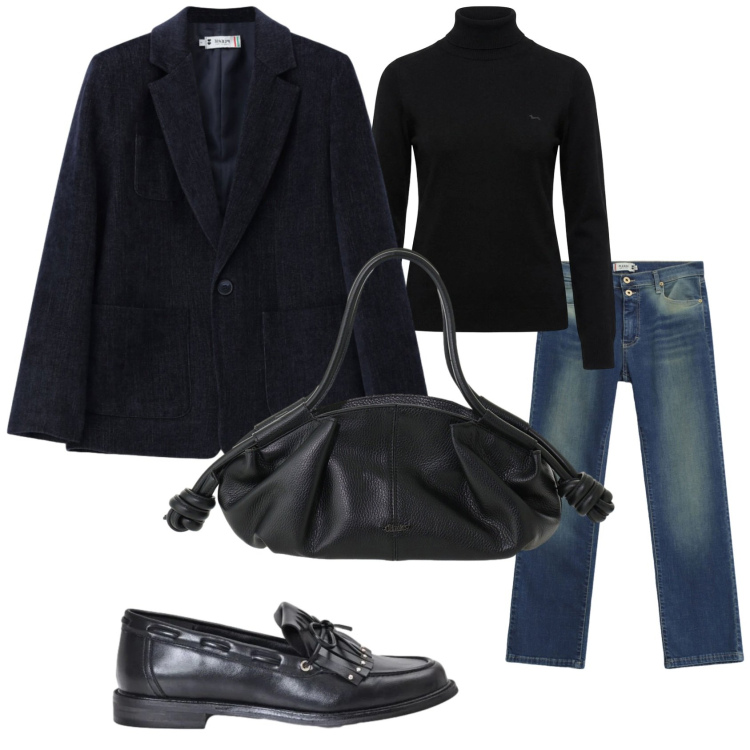 Outfit donna - Nero chic. per Tutti i giorni. Abbinamento con pullovers, blazer, jeans slim fit, mocassini, borse a mano.