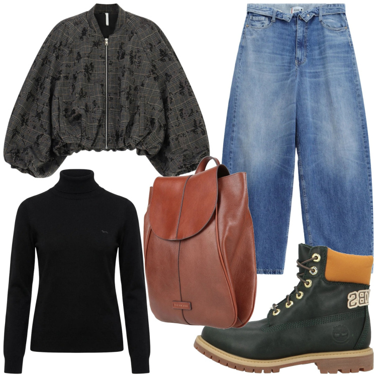 Outfit donna - Total look #2497906. Stile Urban per Scuola/Università. Abbinamento con pullovers, bomber, jeans, stivaletti, zaini.