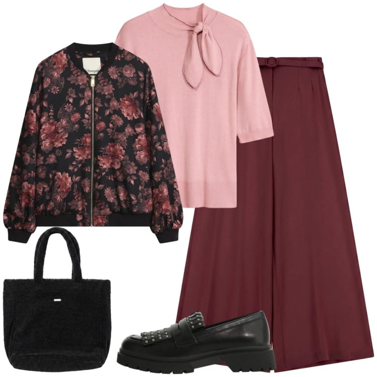 Outfit donna - Delicato con grinta. Stile Urban per Ufficio. Abbinamento con mocassini, pantaloni a palazzo, borse a mano, maglieria, bomber.