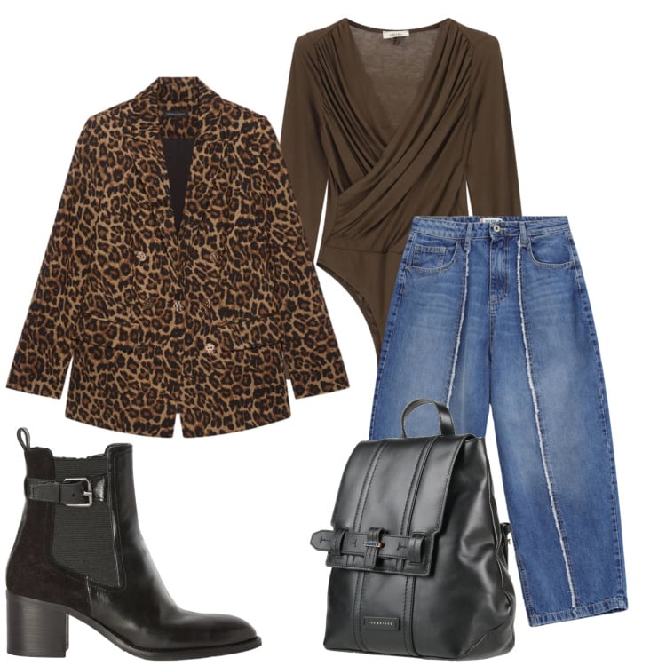 Outfit donna - Fall Outfit. Stile Chic per Ufficio. Abbinamento con stivaletti, blazer, jeans dritti, body, zaini.