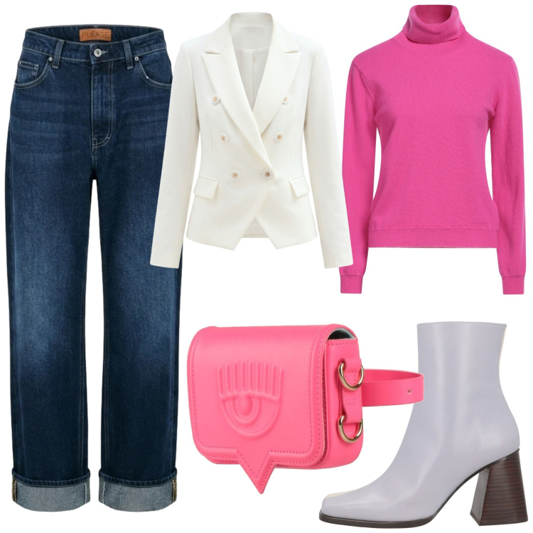 Outfit donna - Total look #2497916. Stile Casual per Scuola/Università. Abbinamento con jeans dritti, blazer, maglieria, stivaletti, marsupi.