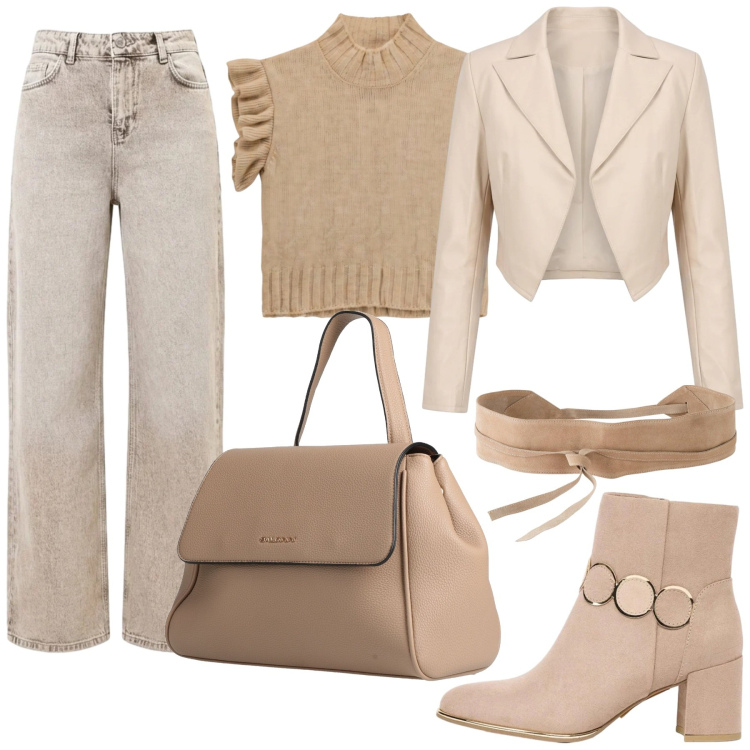 Outfit donna - Total look #2497923. Stile Casual chic per Ufficio. Abbinamento con maglieria, jeans dritti, blazer, zaini, cinture, stivaletti.