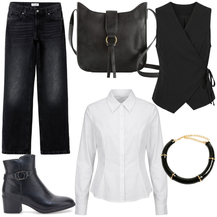Outfit donna - Boho chic sofisticato. Stile Boho per Tutti i giorni. Abbinamento con gilet, camicie, collane, jeans, borse a tracolla, stivaletti.