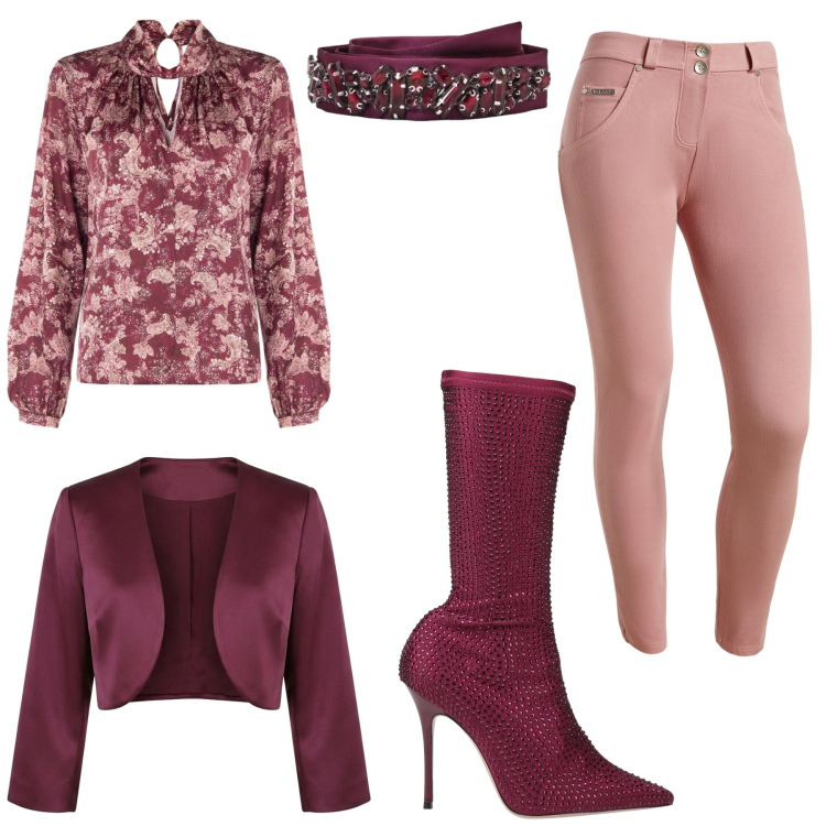 Outfit donna - Total look #2497935. Stile Glamour per Serata fuori. Abbinamento con pantaloni skinny, bolero, bluse, cinture, stivali.