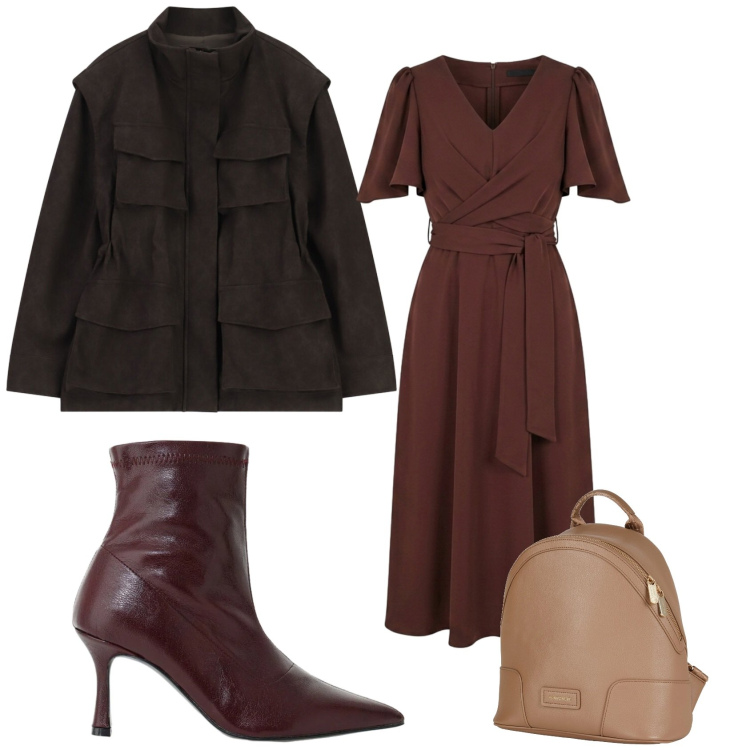 Outfit donna - Marrone. Stile Bon Ton per Serata fuori. Abbinamento con cappotti, stivaletti, vestiti midi/longuette, zaini.