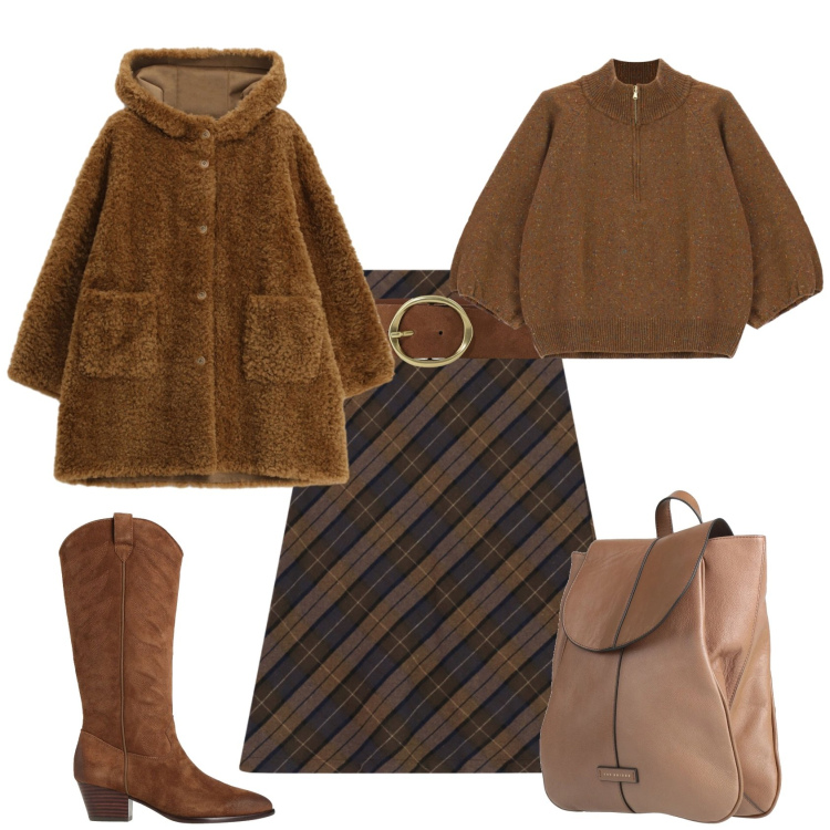 Outfit donna - Casual chic ufficio tempo libero. Stile Casual chic per Ufficio. Abbinamento con cappotti, gonne longuette, cinture, maglieria, stivali, zaini.