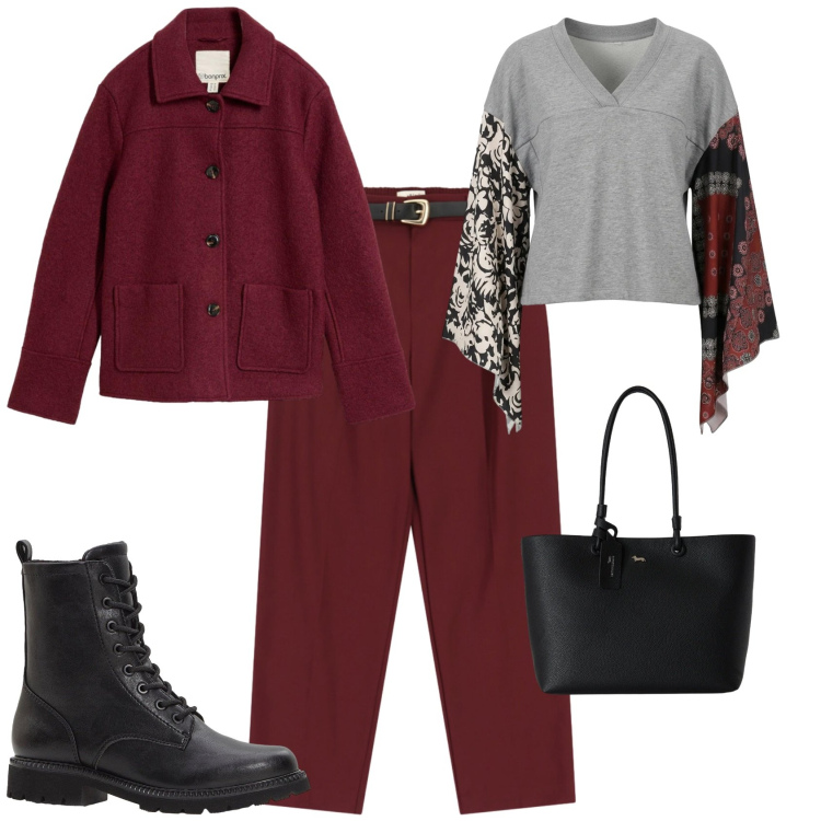 Outfit donna - Rosso grigio e nero ufficio tempo libero. Stile Casual chic per Tutti i giorni. Abbinamento con shopping bag, pantaloni, felpe, stivaletti, cappotti.