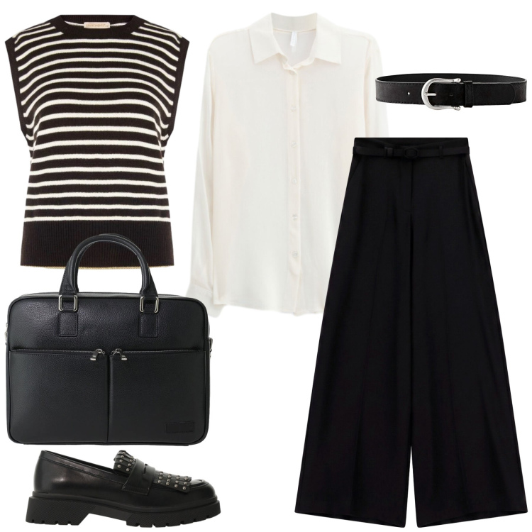 Outfit donna - Ufficio. Stile Mannish per Ufficio. Abbinamento con borse messenger, pantaloni a palazzo, camicie, mocassini, maglieria, cinture.