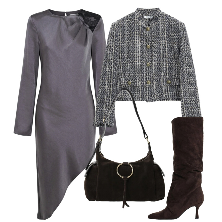 Outfit donna - Serata grey. Stile Chic per Serata fuori. Abbinamento con borse a spalla, stivali, cappotti, vestiti asimmetrici.