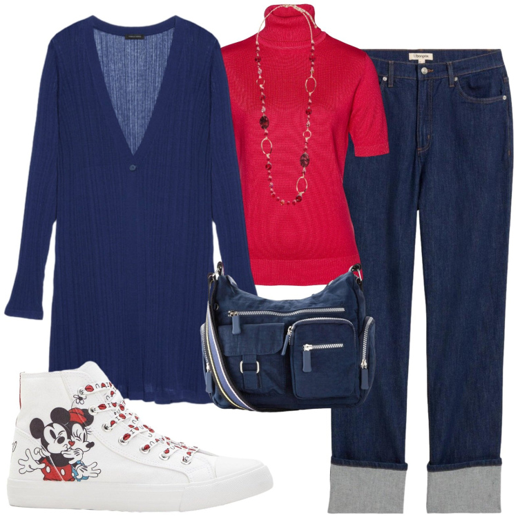 Outfit donna - Classico rosso e blu. Stile Casual per Tutti i giorni. Abbinamento con collane, blazer, maglieria, jeans dritti, borse a tracolla, sneakers alte.