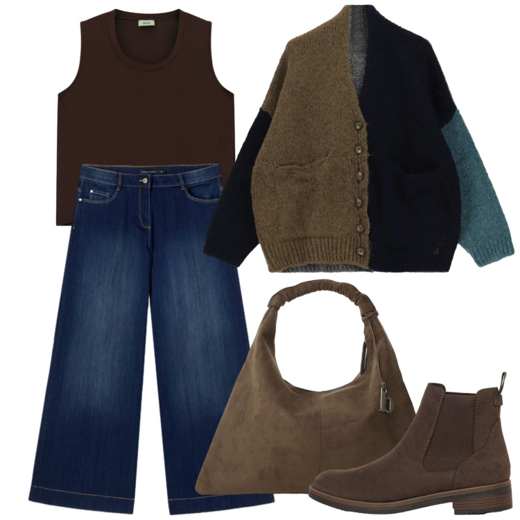 Outfit donna - Linee pulite in jeans. Stile Bon Ton per Tutti i giorni. Abbinamento con jeans, canottiere, borse a spalla, cardigans, stivaletti.
