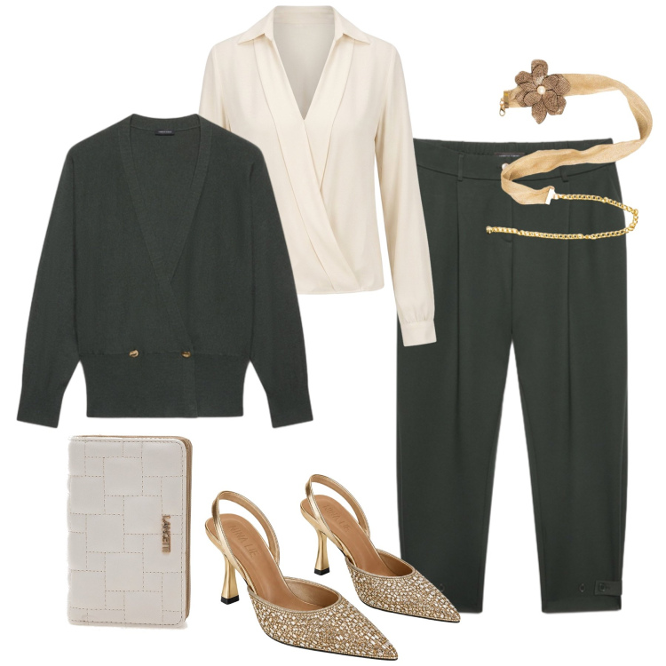 Outfit donna - Aperitivo glam Fiorella Rubino. Stile Glamour per Serata fuori. Abbinamento con cardigans, pantaloni, bluse, cinture, décolleté, portafogli.