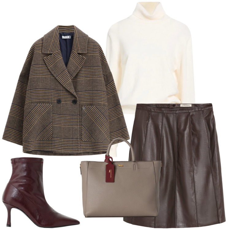 Outfit donna - Autumn. Stile Casual chic per Tutti i giorni. Abbinamento con borse a mano, stivaletti, blazer, maglieria, gonne longuette.