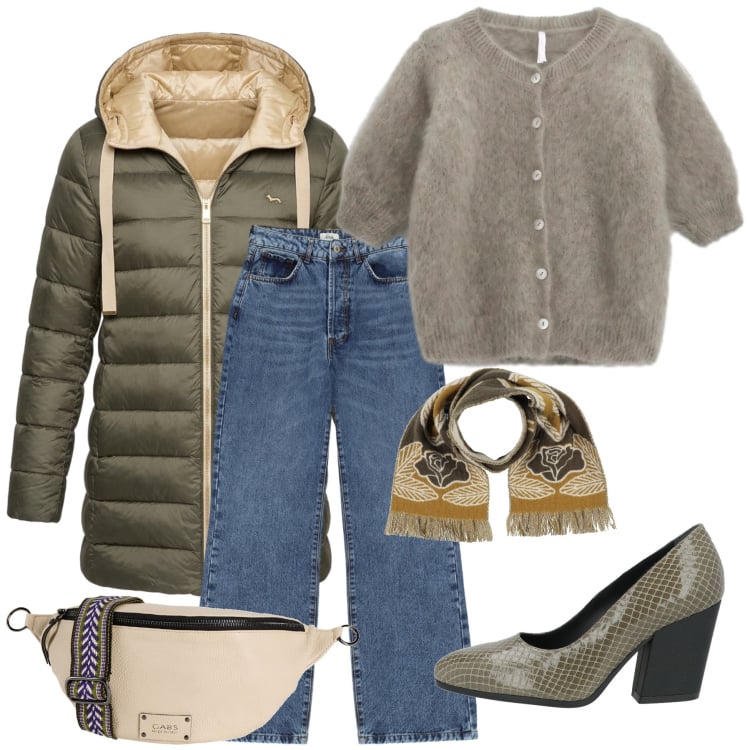 Outfit donna - Total look #2497992. Stile Casual chic per Ufficio. Abbinamento con piumini, cardigans, jeans, marsupi, décolleté, sciarpe.