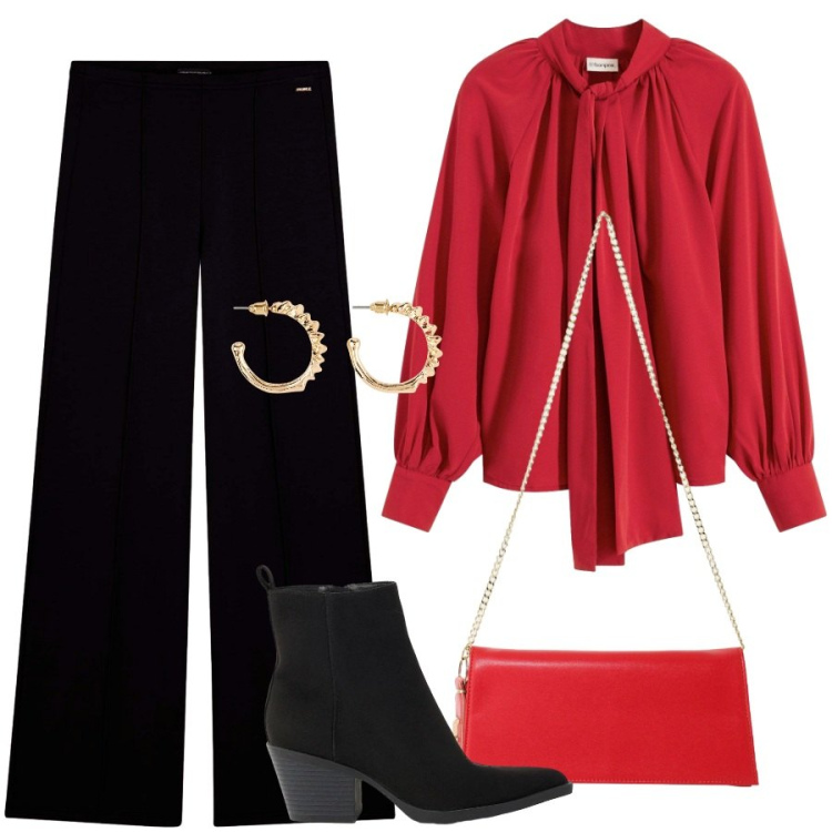 Outfit donna - Brilla la sera. Stile Sporty chic per Serata fuori. Abbinamento con borse a tracolla, pantaloni sportivi, camicie, stivaletti texani, orecchini.