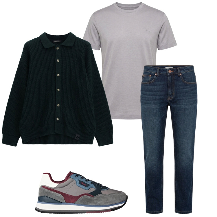Outfit uomo - Urban autunnale. Stile Urban per Tutti i giorni. Abbinamento con t-shirt, sneakers, jeans, cardigans.