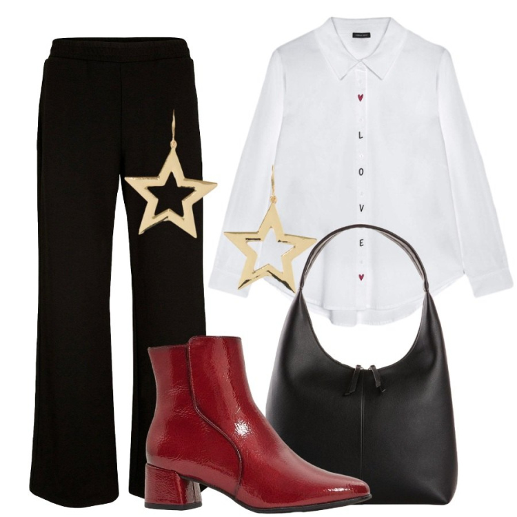 Outfit donna - Love. Stile Sporty chic per Ufficio. Abbinamento con camicie, orecchini, pantaloni a palazzo, borse a mano, stivaletti.