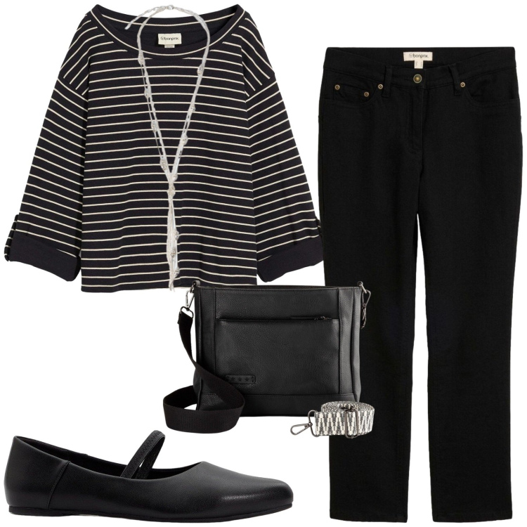 Outfit donna - Casual. Stile Casual per Tutti i giorni. Abbinamento con collane, pantaloni, felpe, borse a tracolla, ballerine.