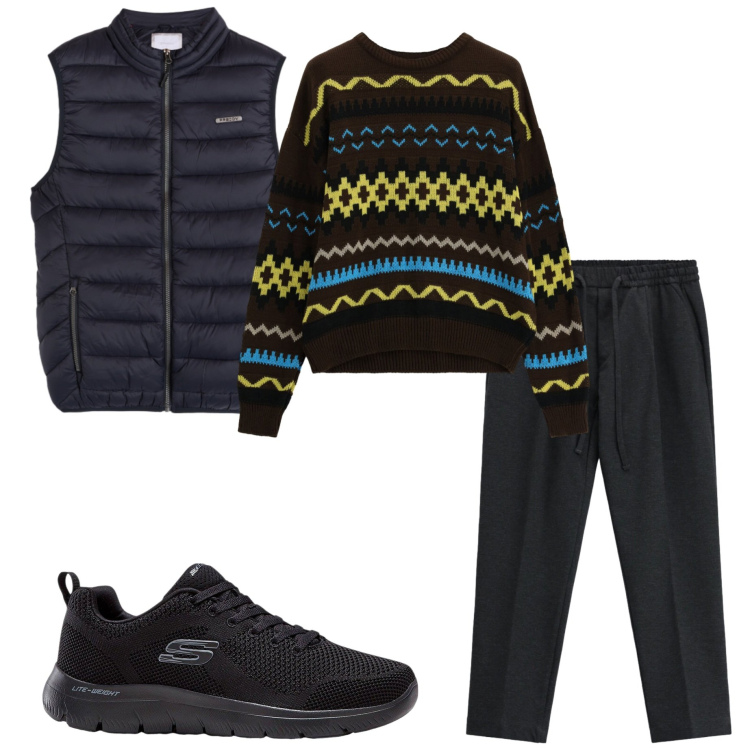 Outfit uomo - Temperatura in calo. Stile Urban per Tutti i giorni. Abbinamento con maglieria, pantaloni, piumini, sneakers.