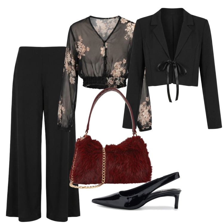 Outfit donna - Aperitivo glam - Focus Donna Curvy. Stile Glamour per Serata fuori. Abbinamento con pantaloni a palazzo, top, bolero, borse a spalla, décolleté.