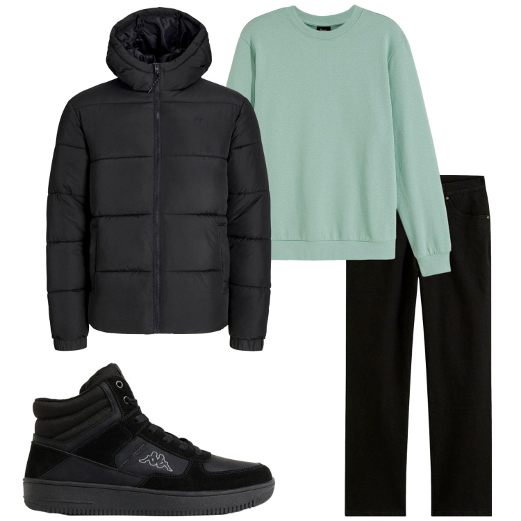 Outfit uomo - In città. Stile Urban per Tutti i giorni. Abbinamento con felpe, jeans dritti, sneakers alte, piumini.