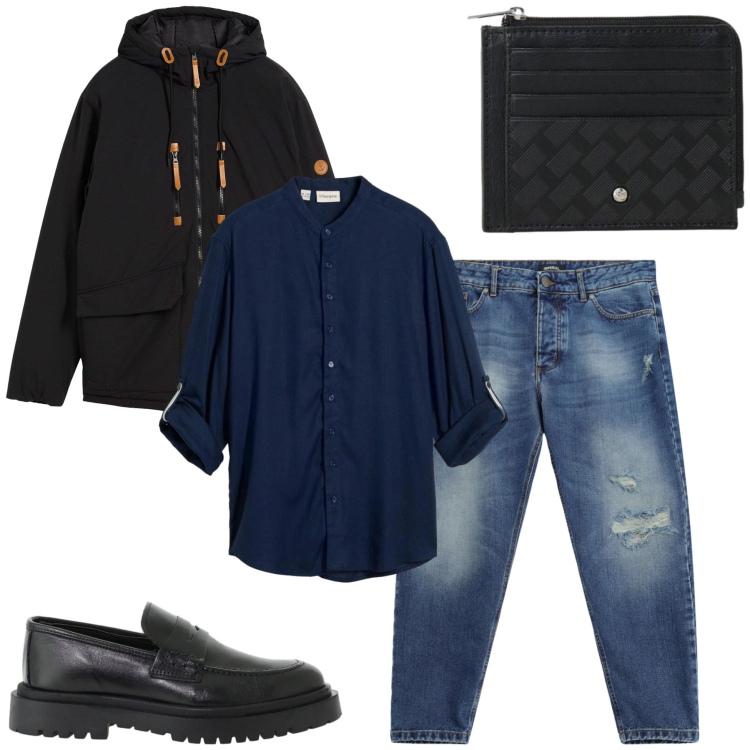 Outfit uomo - Total look #2498010. Stile Casual per Tutti i giorni. Abbinamento con jeans strappati, scarpe stringate, portafogli, piumini, camicie.