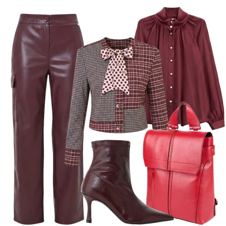 Outfit donna - Fiocchi e pelle. Stile Trendy per Ufficio. Abbinamento con stivaletti, camicie, pantaloni cargo, blazer, zaini.
