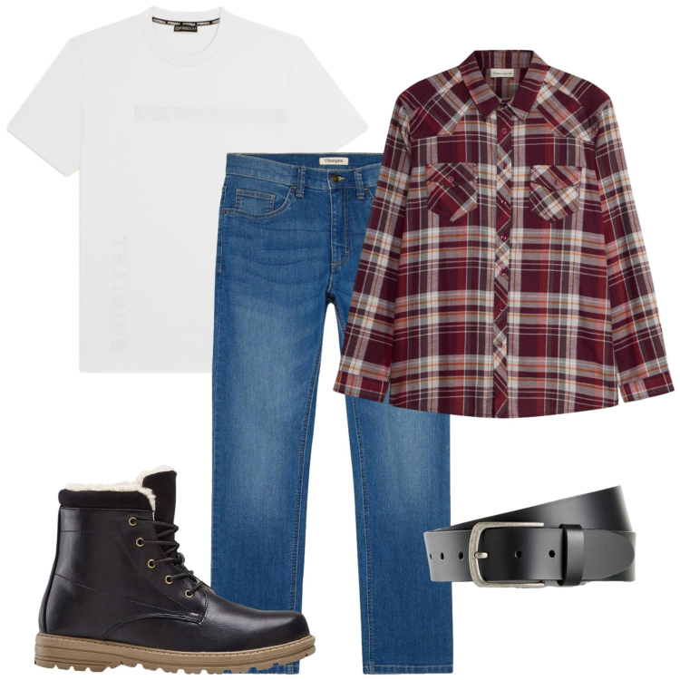 Outfit uomo - Total look #2498014. Stile Casual per Tutti i giorni. Abbinamento con t-shirt, stivali e stivaletti, jeans dritti, cinture, camicie.