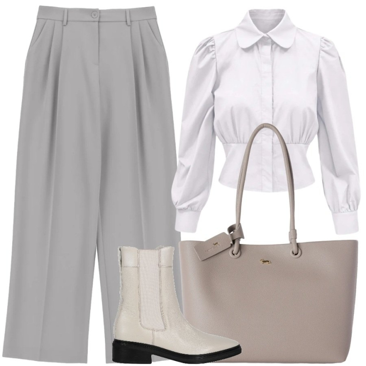 Outfit donna - Less is more. Stile Sporty chic per Ufficio. Abbinamento con camicie, shopping bag, pantaloni a palazzo, stivaletti chelsea.