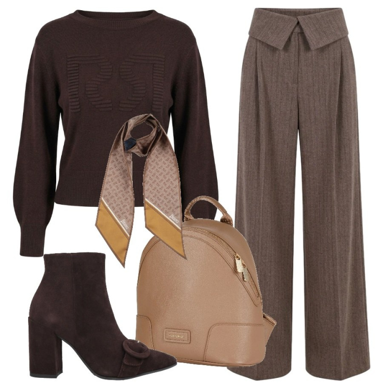 Outfit donna - Sofisticata in marrone. Stile Sporty chic per Ufficio. Abbinamento con maglieria, pantaloni a palazzo, stivaletti, zaini, sciarpe.