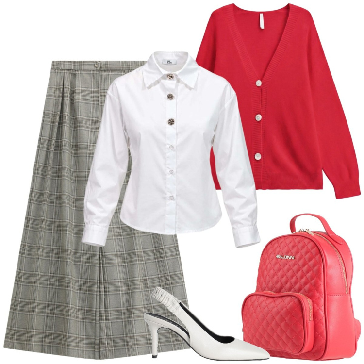 Outfit donna - Università. Stile Basic per Scuola/Università. Abbinamento con camicie, cardigans, pantaloni a palazzo, décolleté, zaini.