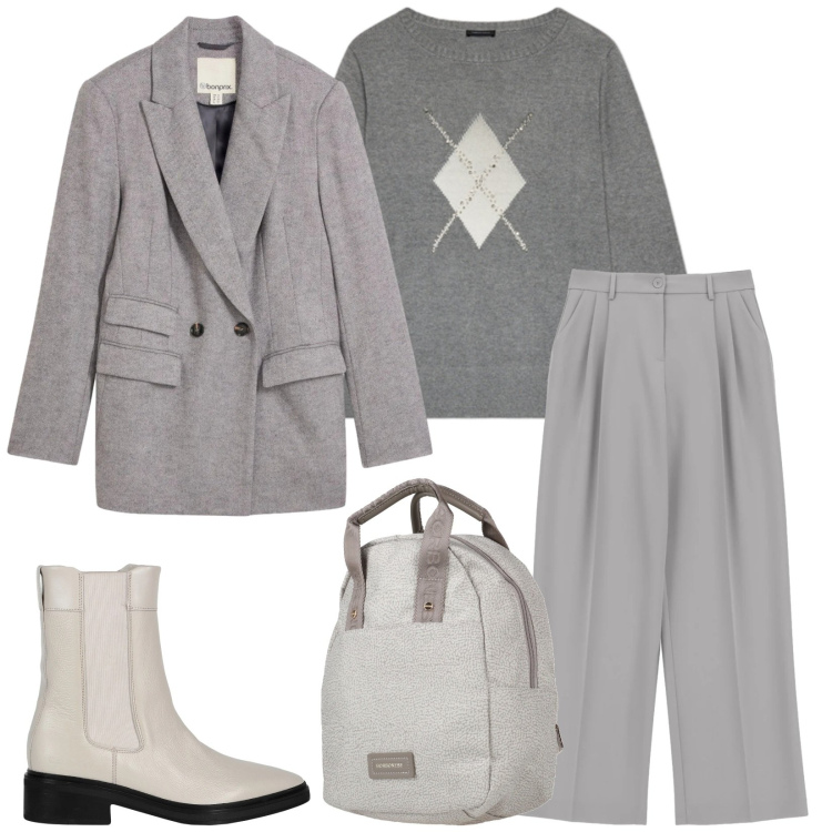 Outfit donna - Total look #2498035. Stile Casual chic per Ufficio. Abbinamento con pantaloni a palazzo, maglieria, zaini, stivaletti chelsea, blazer.