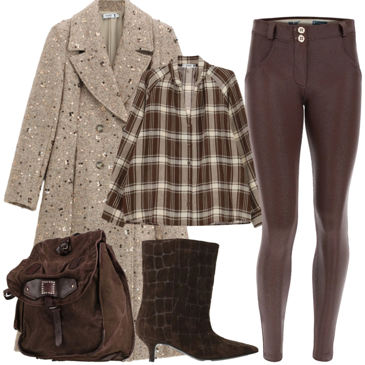 Outfit donna - Total look #2498043. Stile Trendy per Tutti i giorni. Abbinamento con stivali, pantaloni skinny, camicie, cappotti, zaini.