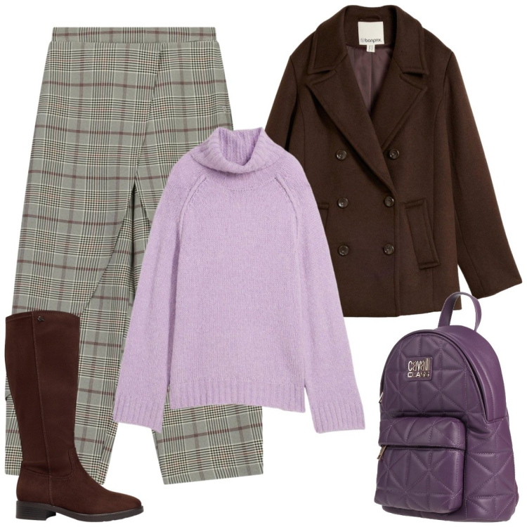 Outfit donna - Pomeriggio. Stile Basic per Serata fuori. Abbinamento con pantaloni, zaini, maglieria, caban, stivali.