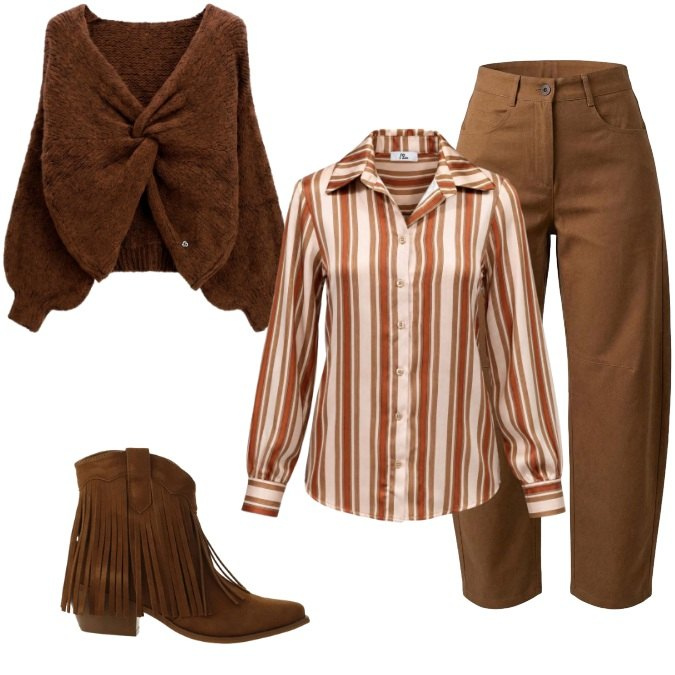 Outfit donna - Boho Chic Autunnale. Stile Boho per Tutti i giorni. Abbinamento con pantaloni, camicie, stivaletti texani, maglieria.