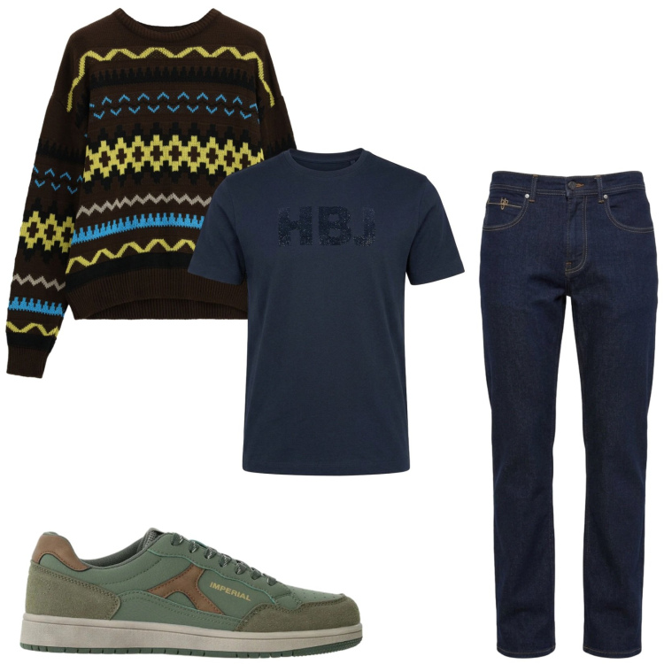 Outfit uomo - Total look #2498066. Stile Casual per Tutti i giorni. Abbinamento con jeans, t-shirt, maglieria, sneakers.